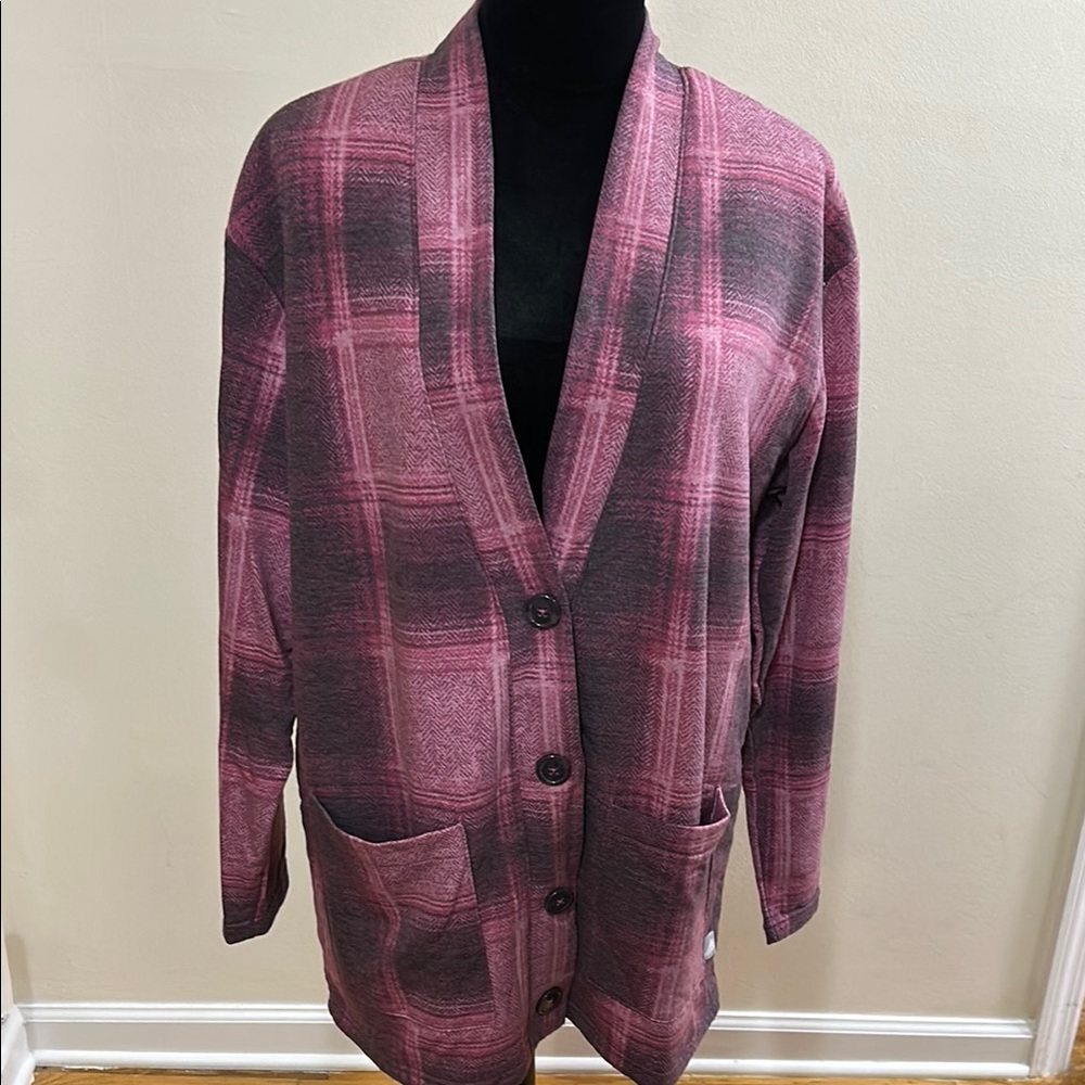 Pink and Gray Plaid Blazer with Knit Texture